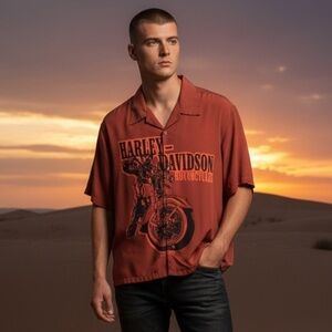 HARLEY-DAVIDSON ORANGE & BLACK Y2K BUTTON UP DUAL GRAPHIC PRINT SHIRT SIZE MED
